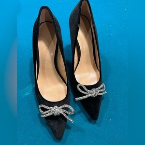 Elegant Ann Taylor Black velvet Pumps with Silver rhinestone Bow